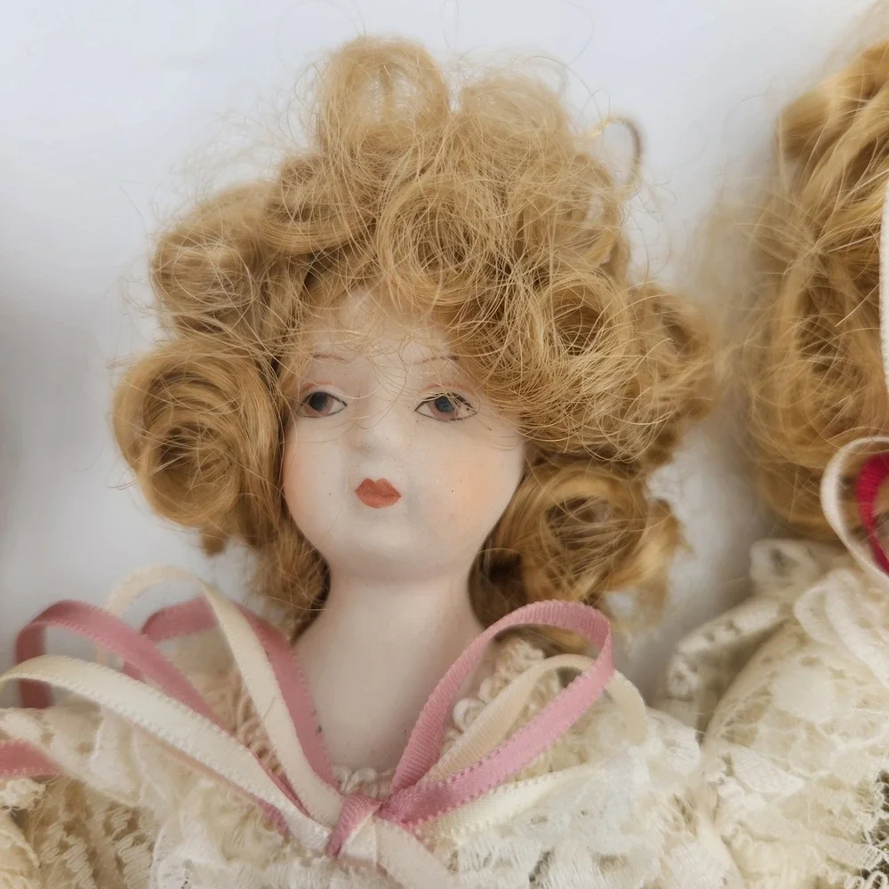 Set of 6 Vintage Porcelain Angel Ornaments Lace Gown Victorian Shabby Chic Decor